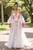 Cold Shoulder Floral White Wedding Dress with Appliques