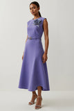 Purple Satin A Line Tea Length Semi Formal Dress with 3D Flower
