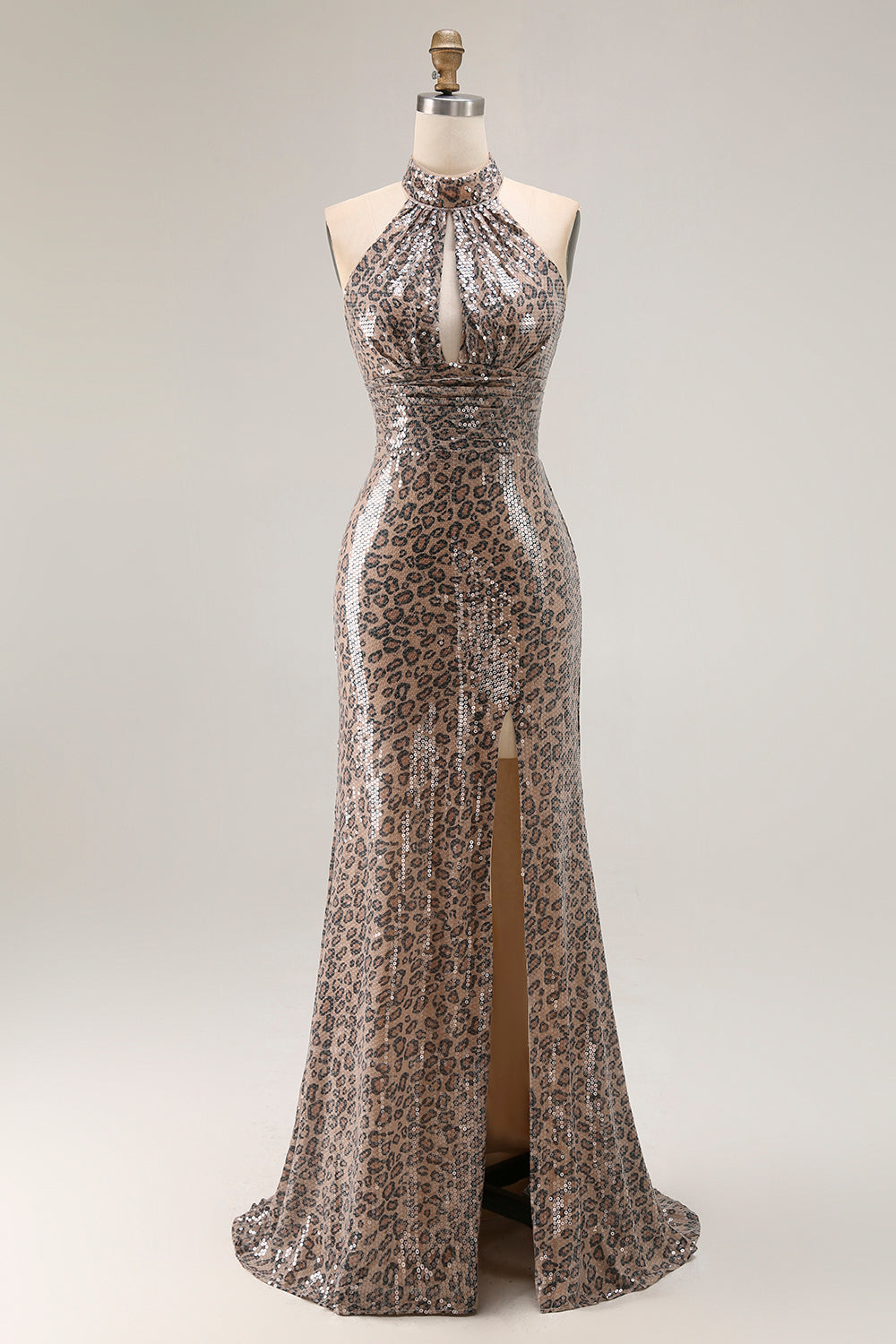 Halter A Line Cut Out Golden Leopard Prom Dress