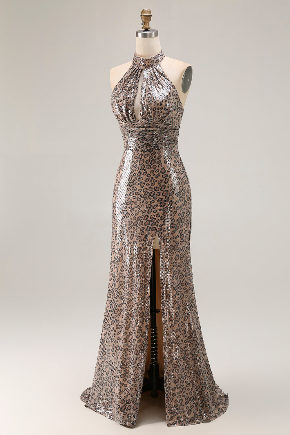 Halter A Line Cut Out Golden Leopard Prom Dress