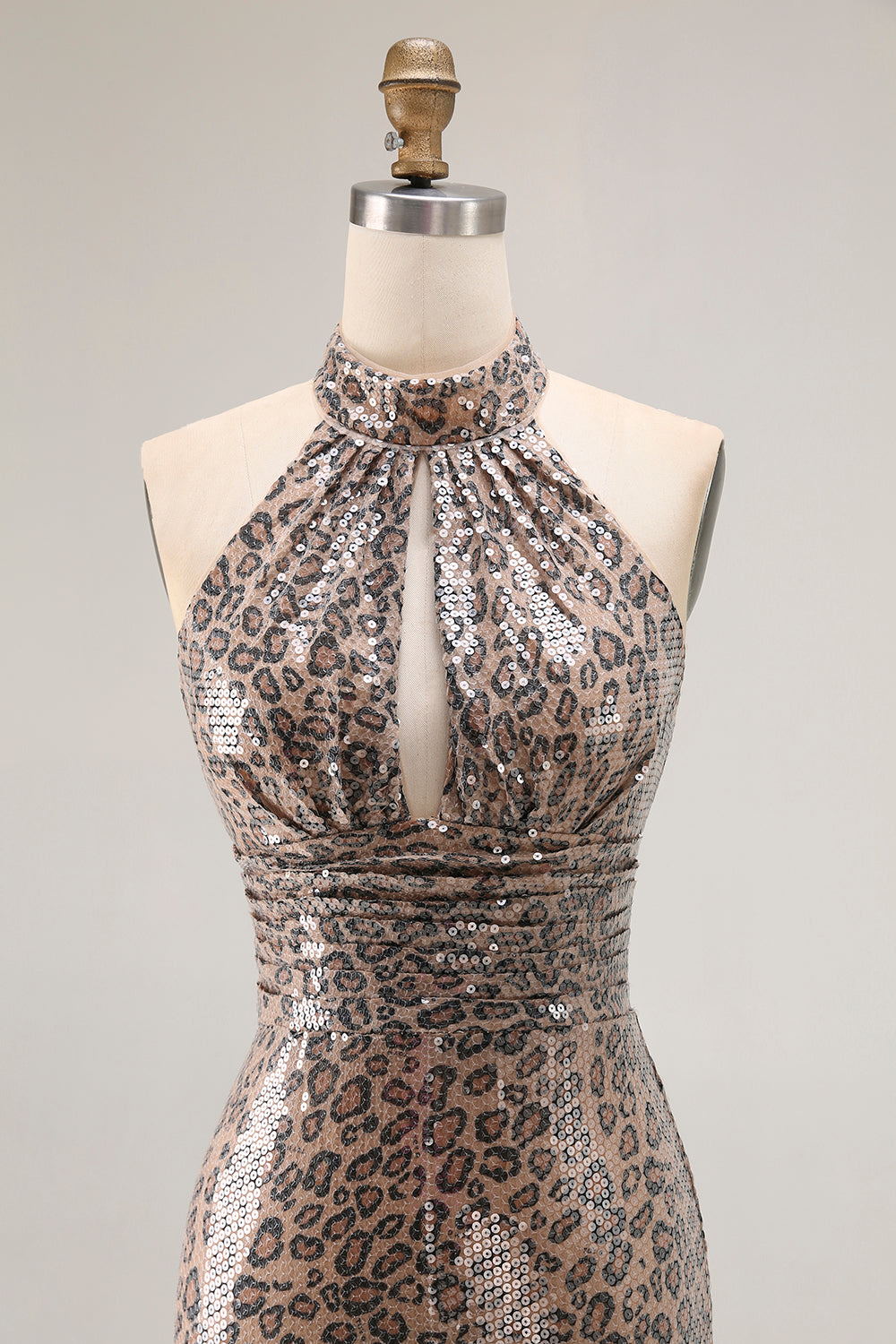 Halter A Line Cut Out Golden Leopard Prom Dress