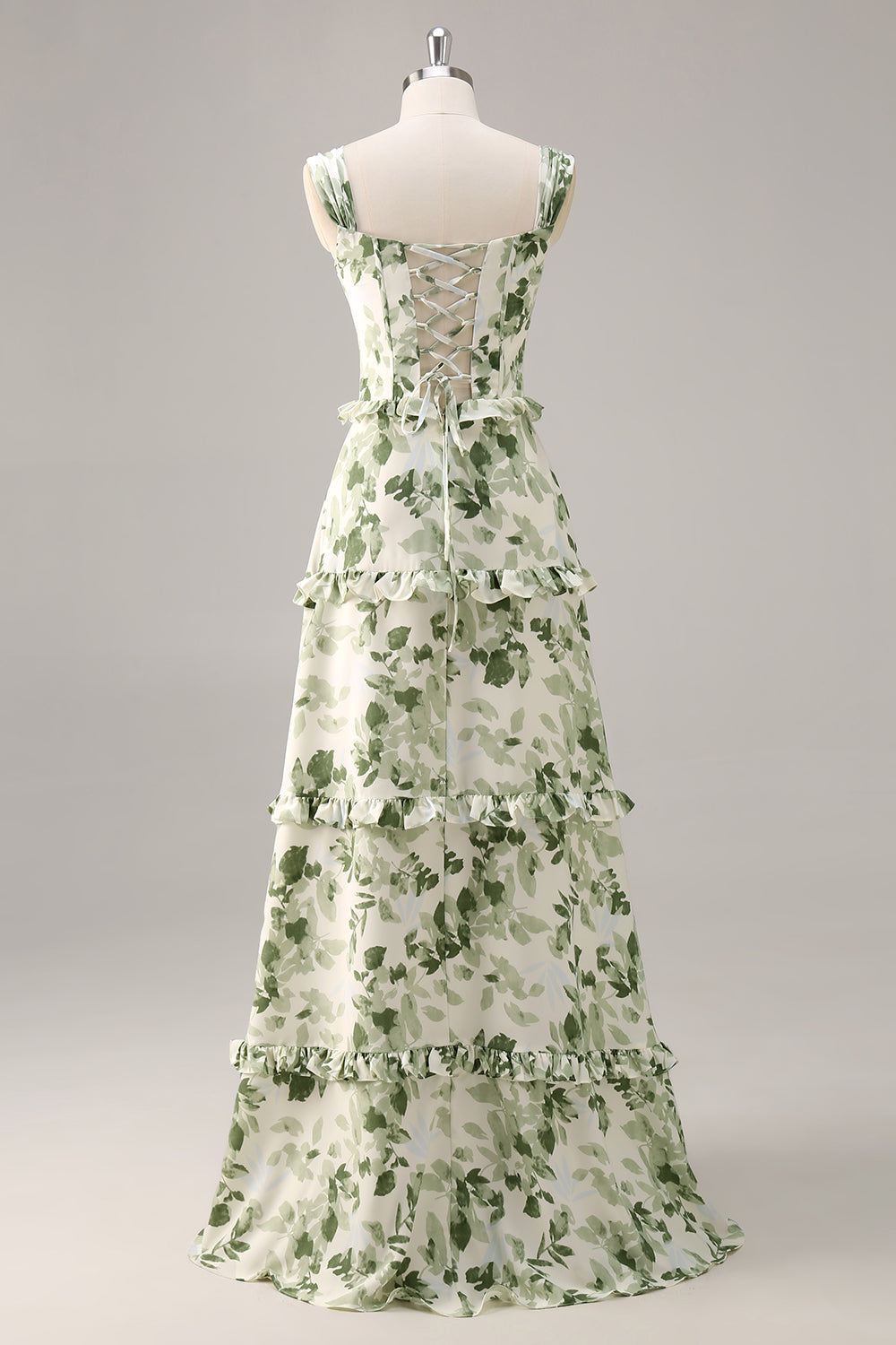 Green Flower A Line Corset Tiered Maxi Dress with Lace Up Back