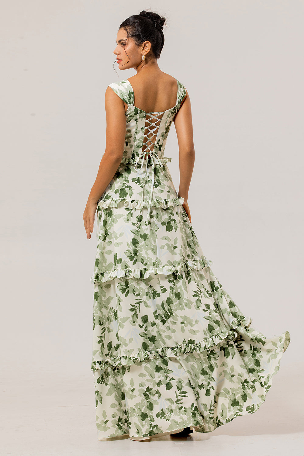 Green Flower A Line Corset Tiered Maxi Dress with Lace Up Back