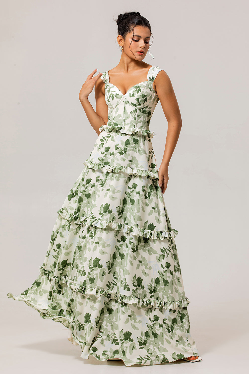 Green Flower A Line Corset Tiered Maxi Dress with Lace Up Back