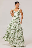 Green Flower A Line Corset Tiered Maxi Dress with Lace Up Back