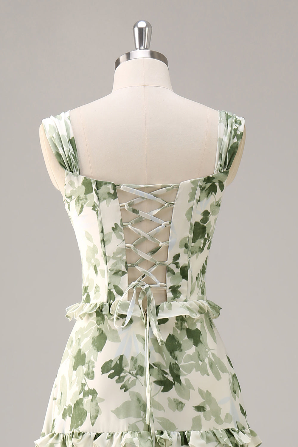 Green Flower A Line Corset Tiered Maxi Dress with Lace Up Back