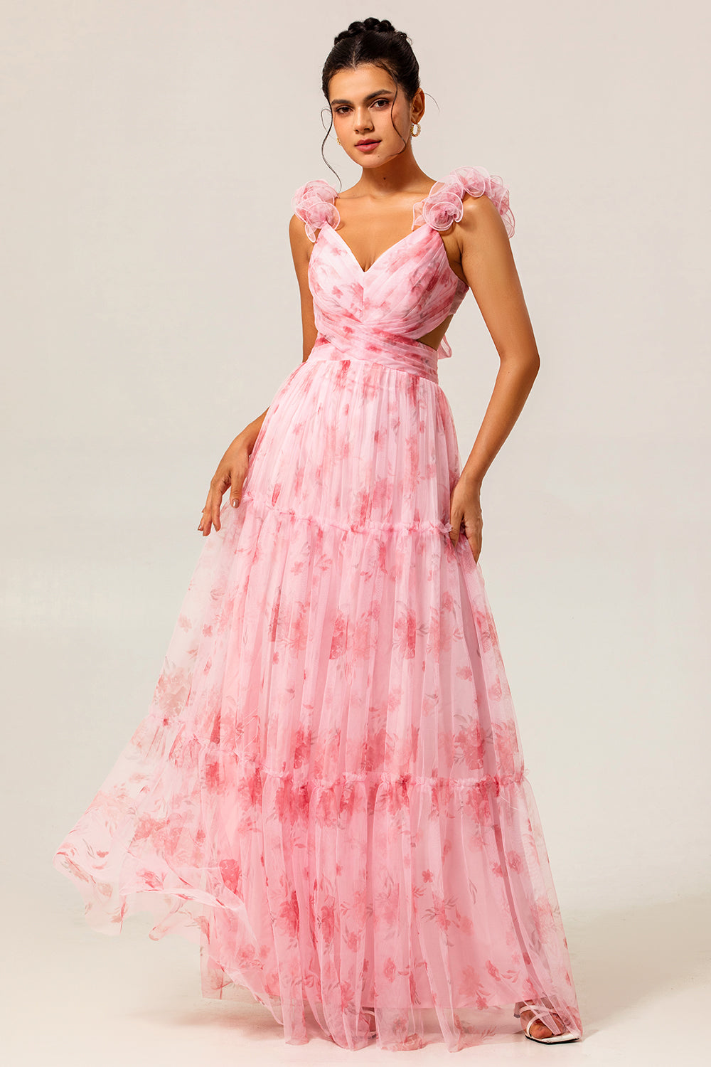 Blush Flower A-Line Cut-Out Tulle Backless Print Maxi Dress