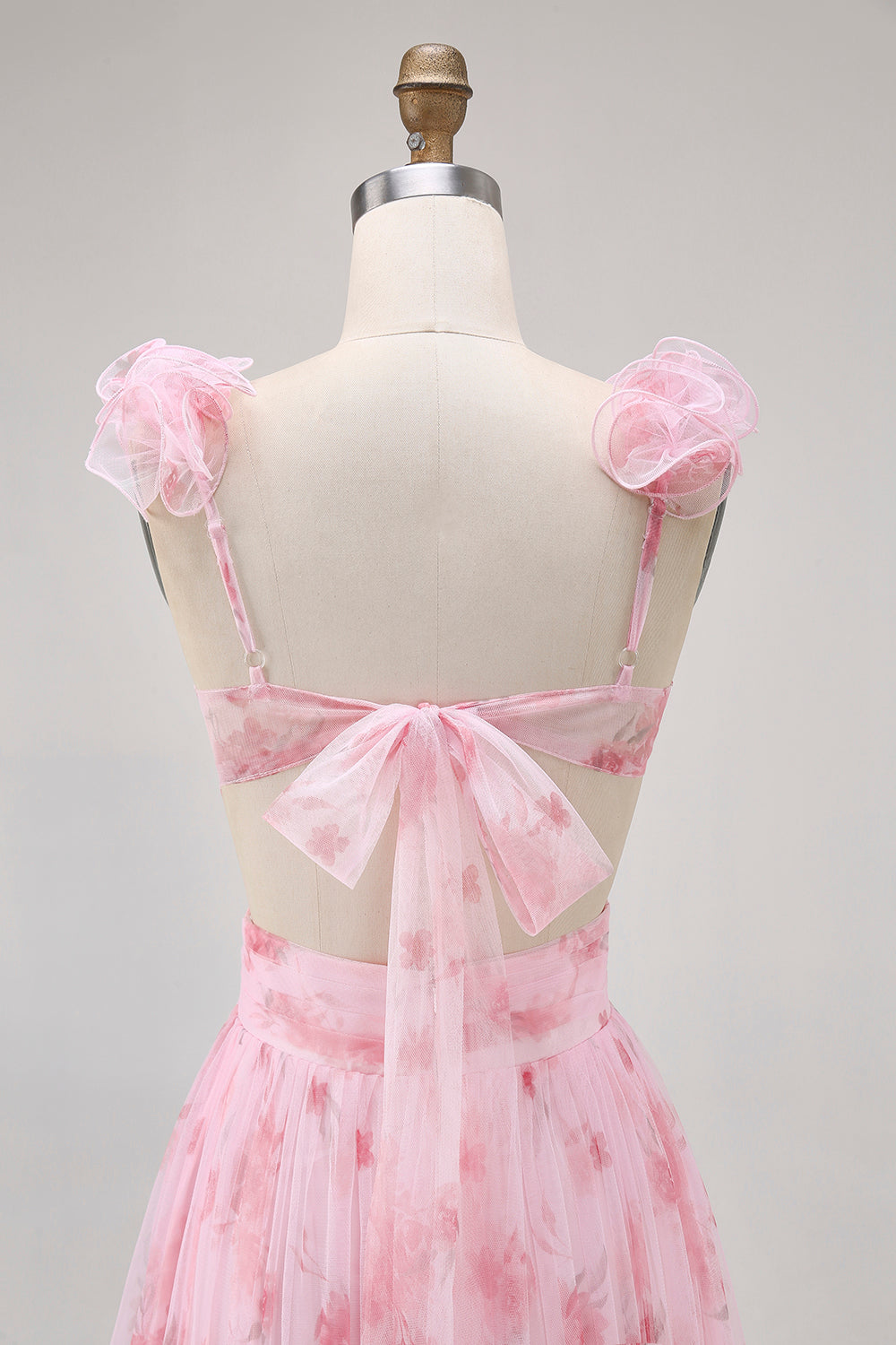 Blush Flower A-Line Cut-Out Tulle Backless Print Maxi Dress