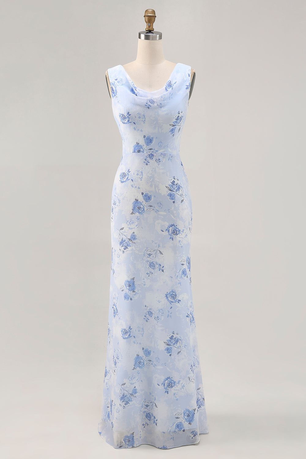 Blue Flower Sheath Printed Long Wedding Party Dress
