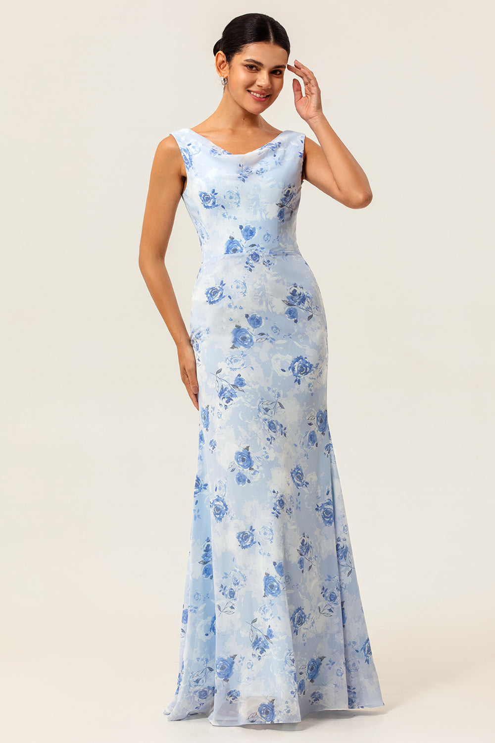 Blue Flower Sheath Printed Long Wedding Party Dress