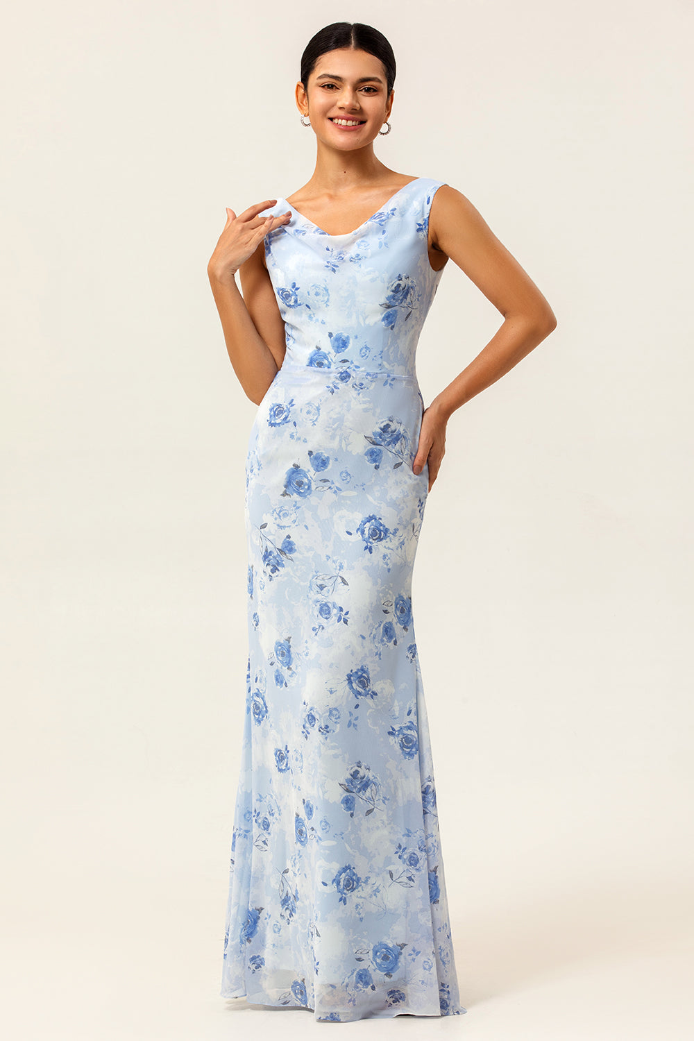 Blue Flower Sheath Printed Long Wedding Party Dress