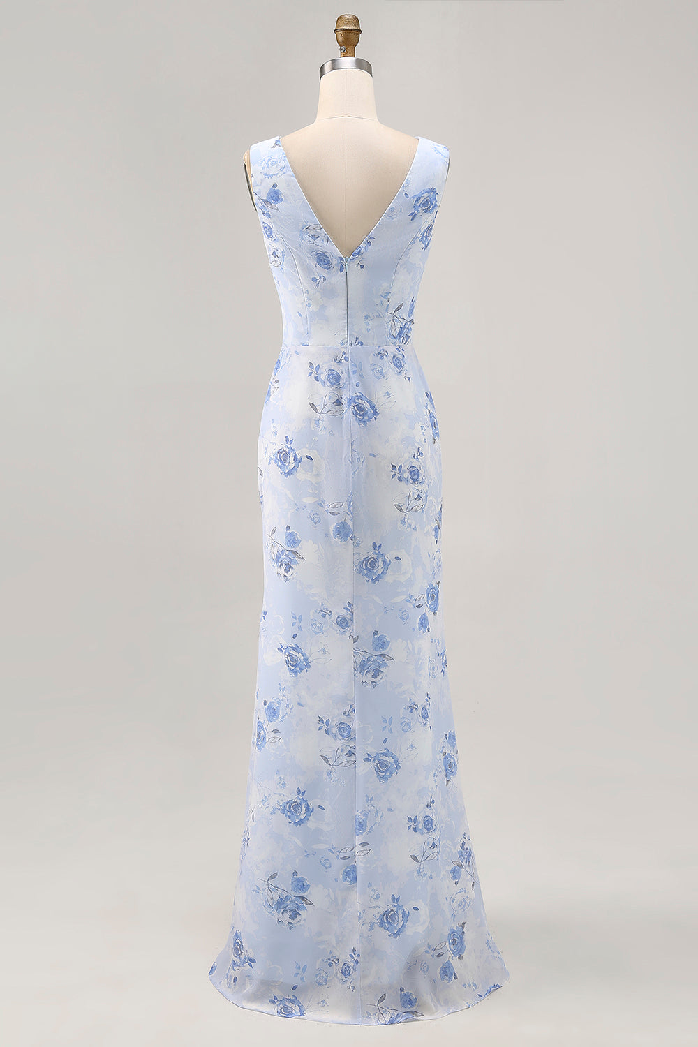 Blue Flower Sheath Printed Long Wedding Party Dress