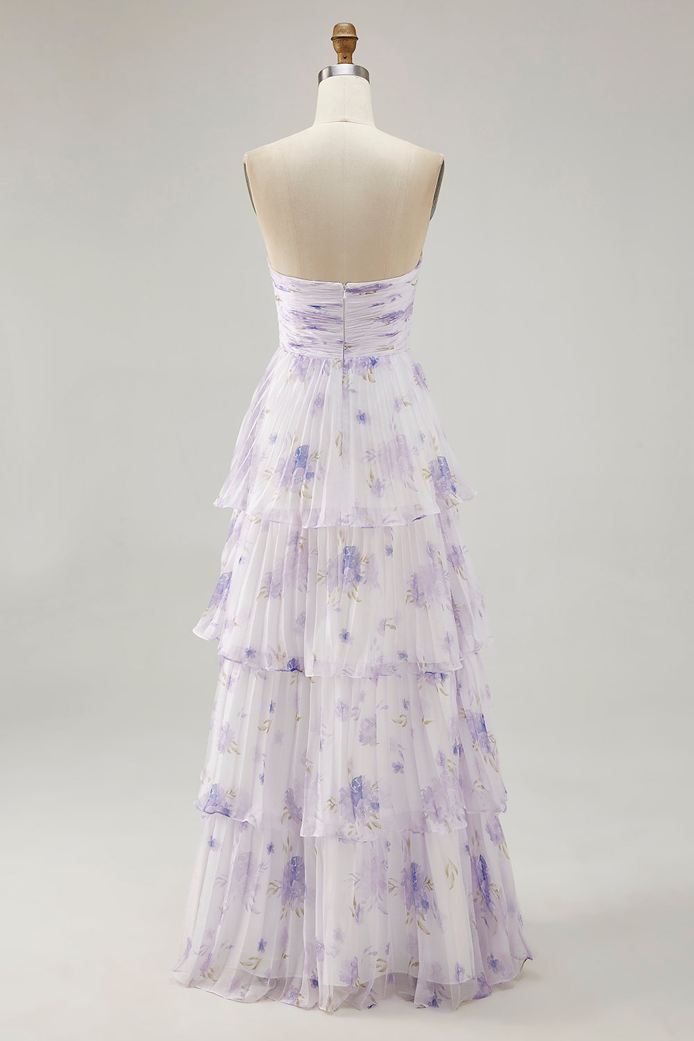 Lavender Flower A-line Backless Strapless Pleated Tiered Maxi Dress