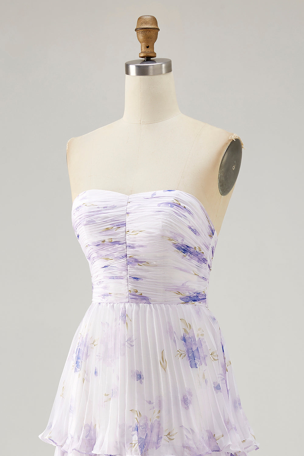 Lavender Flower A-line Backless Strapless Pleated Tiered Maxi Dress