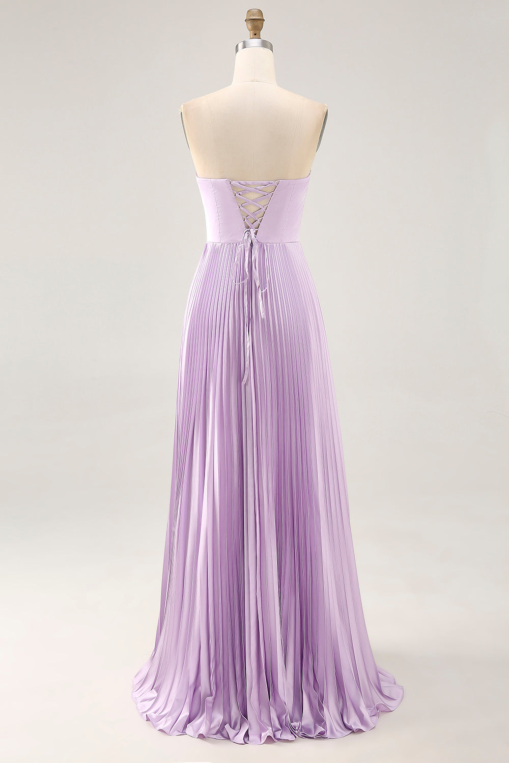 Lilac A-line Strapless Pleated Long Bridesmaid Dress with Lace Up Back