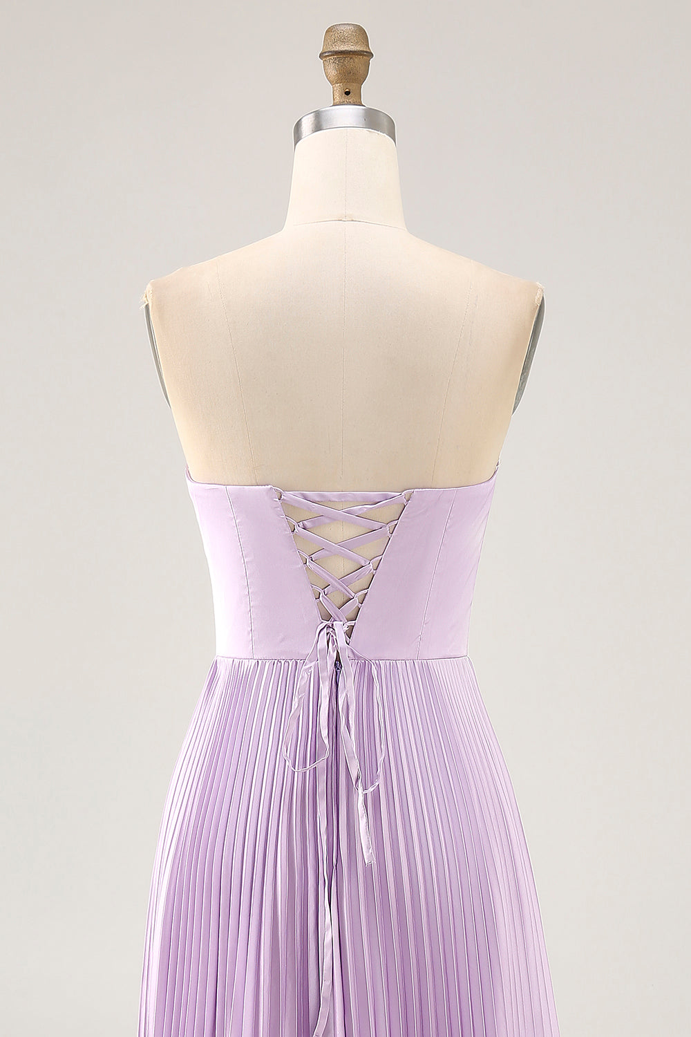 Lilac A-line Strapless Pleated Long Bridesmaid Dress with Lace Up Back