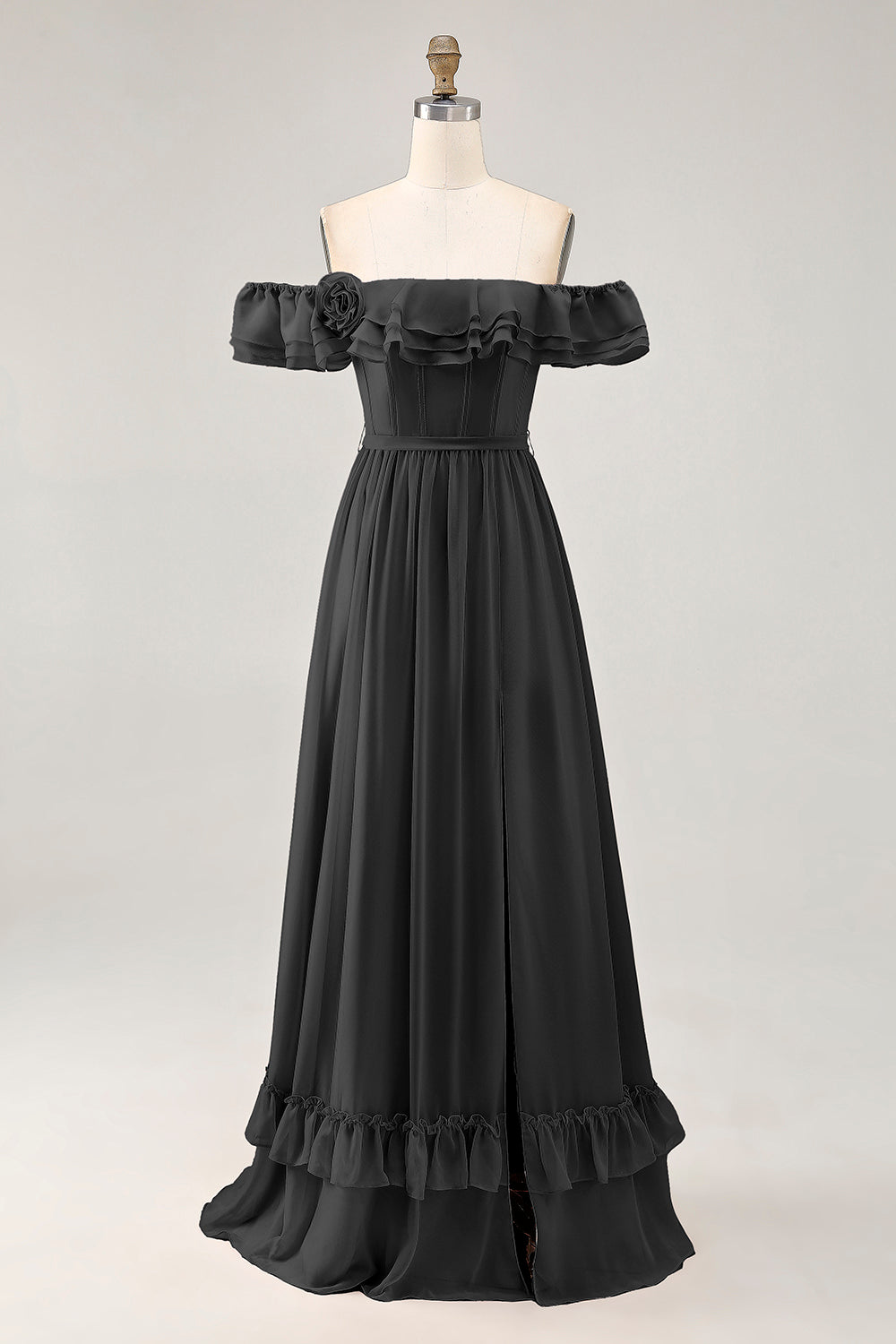 Dusty Sage A-line Off The Shoulder Chiffon Long Bridesmaid Dress with Slit
