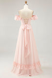 Dusty Sage A-line Off The Shoulder Chiffon Long Bridesmaid Dress with Slit