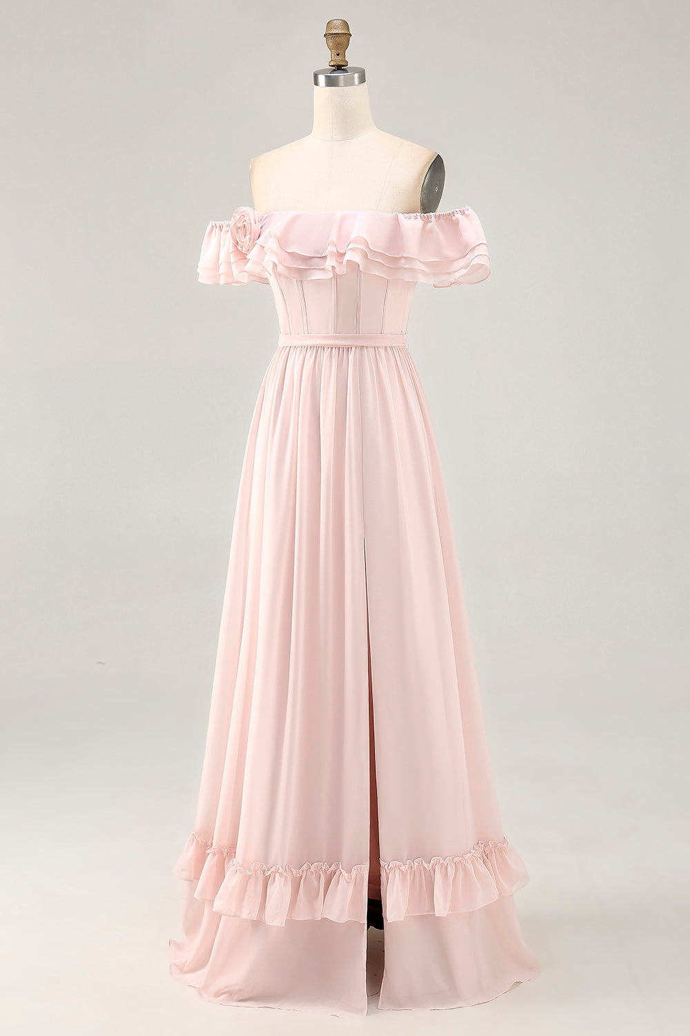 Dusty Sage A-line Off The Shoulder Chiffon Long Bridesmaid Dress with Slit