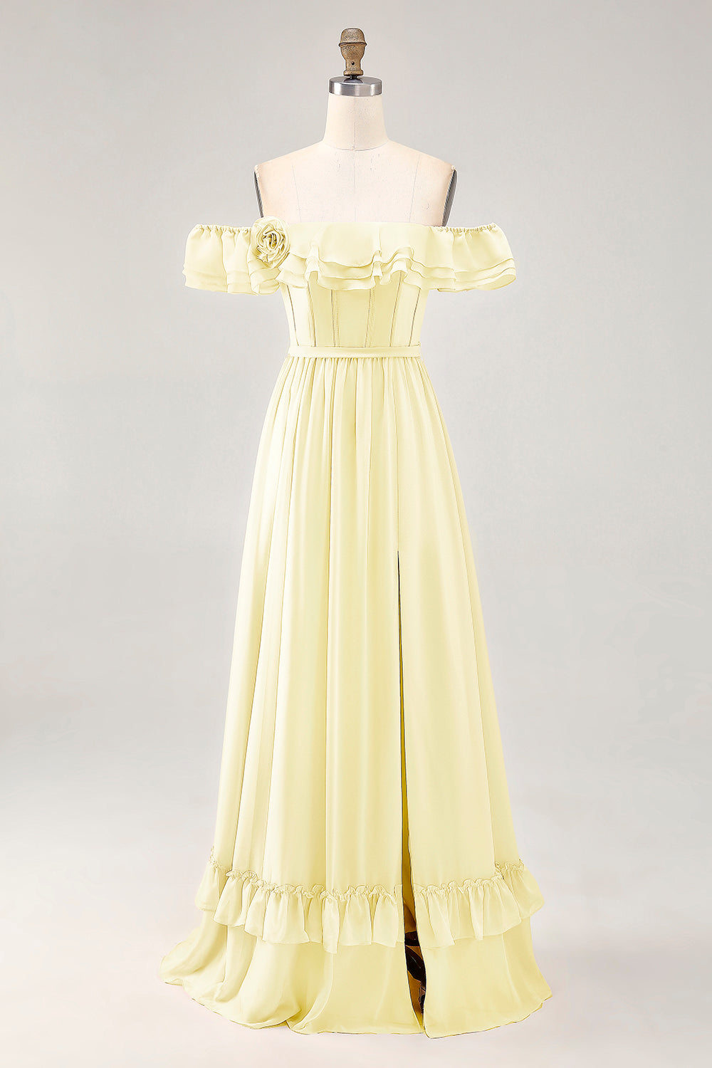 Dusty Sage A-line Off The Shoulder Chiffon Long Bridesmaid Dress with Slit