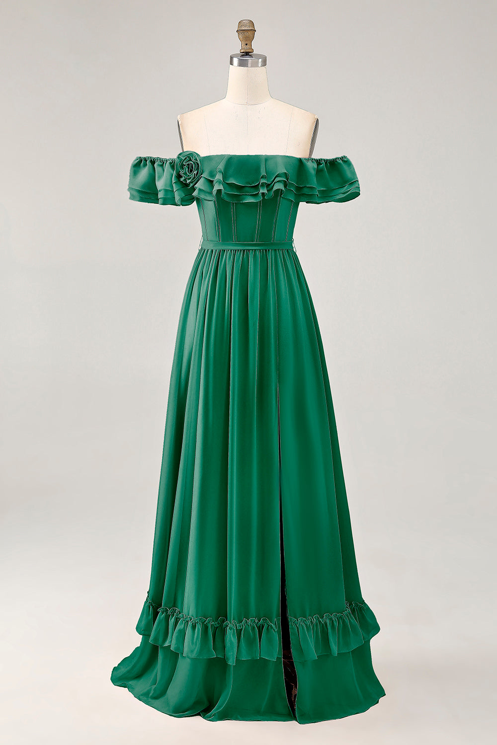 Dusty Sage A-line Off The Shoulder Chiffon Long Bridesmaid Dress with Slit