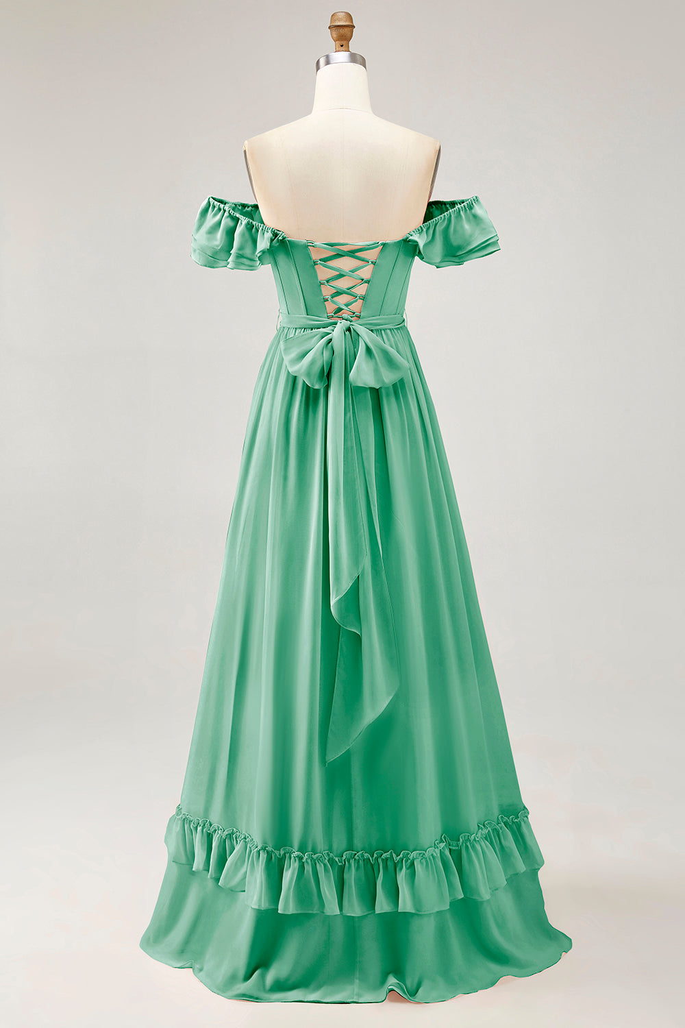 Dusty Sage A-line Off The Shoulder Chiffon Long Bridesmaid Dress with Slit