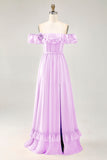 Dusty Sage A-line Off The Shoulder Chiffon Long Bridesmaid Dress with Slit