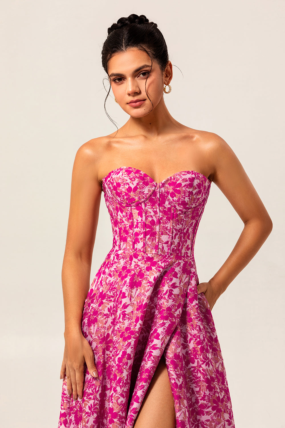 Fuchsia A-Line Strapless Corset Pockets Floral Maxi Dress with Slit