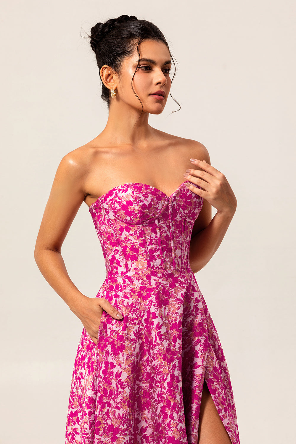 Fuchsia A-Line Strapless Corset Pockets Floral Maxi Dress with Slit