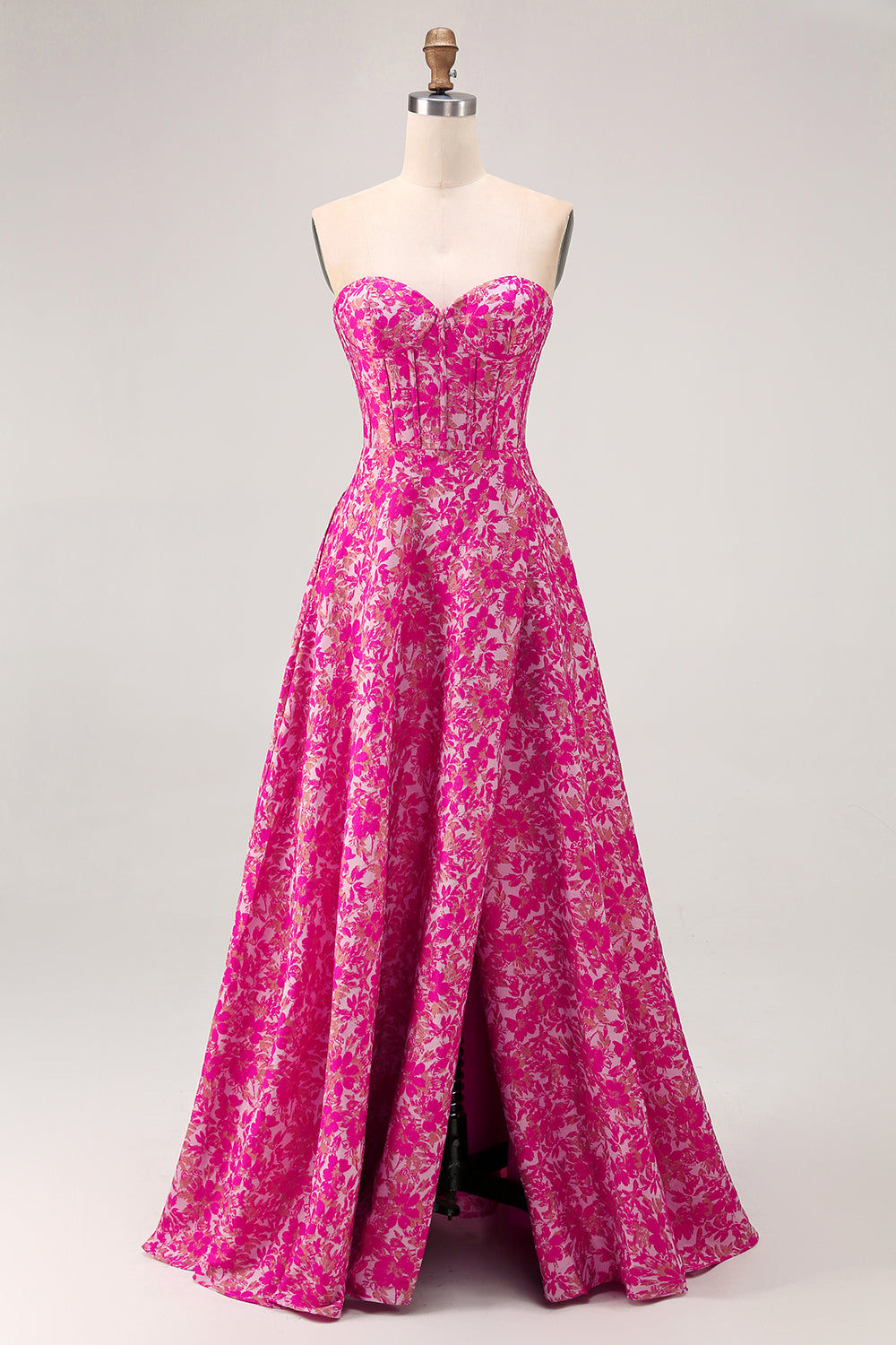 Fuchsia A-Line Strapless Corset Pockets Floral Maxi Dress with Slit