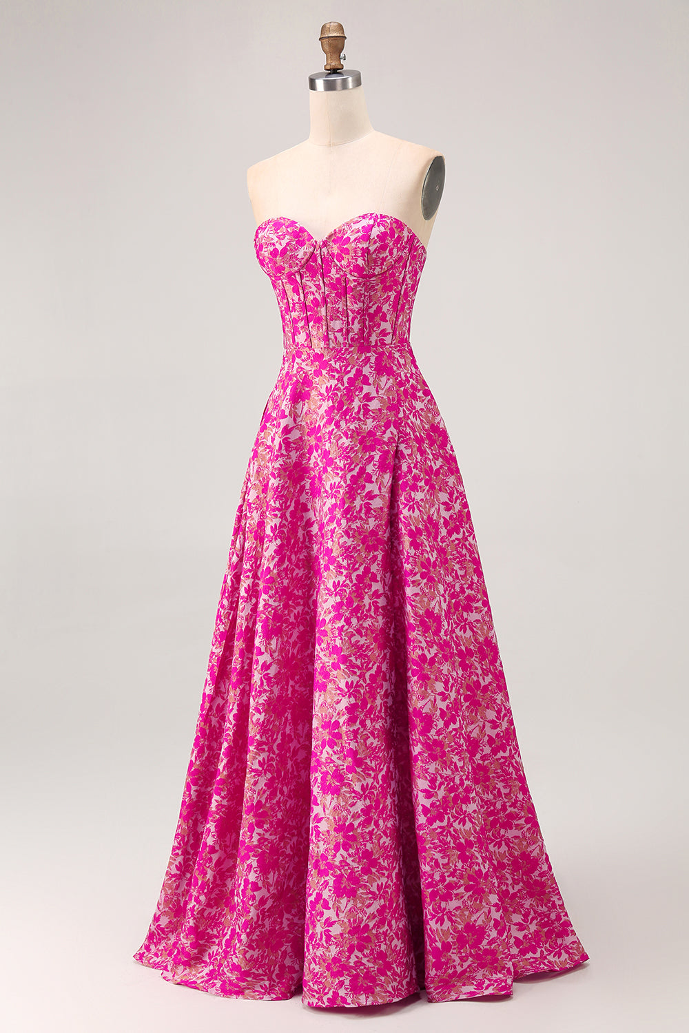 Fuchsia A-Line Strapless Corset Pockets Floral Maxi Dress with Slit