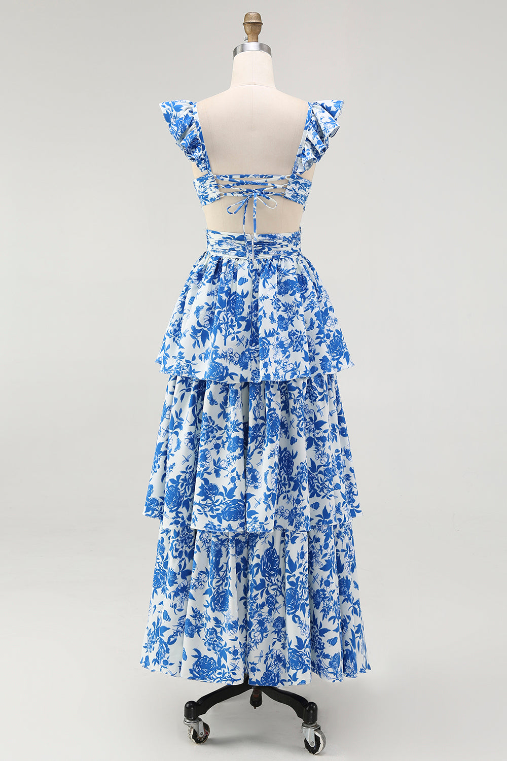 Blue Floral A-Line Deep V Neck Tiered Print Maxi Dress with Ruffles