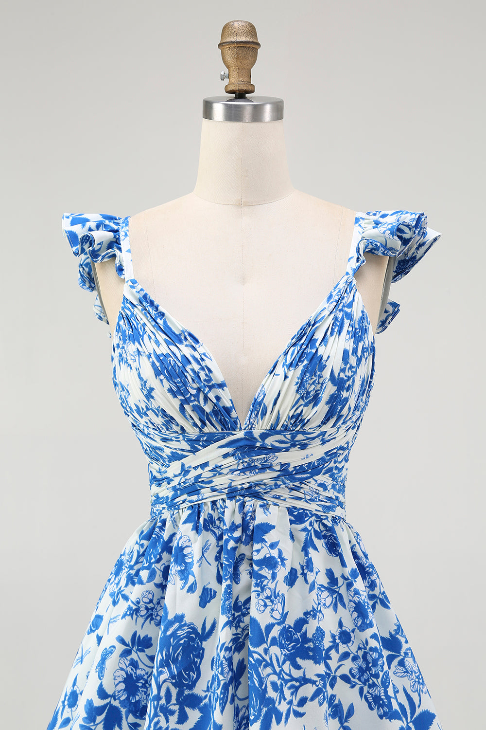 Blue Floral A-Line Deep V Neck Tiered Print Maxi Dress with Ruffles