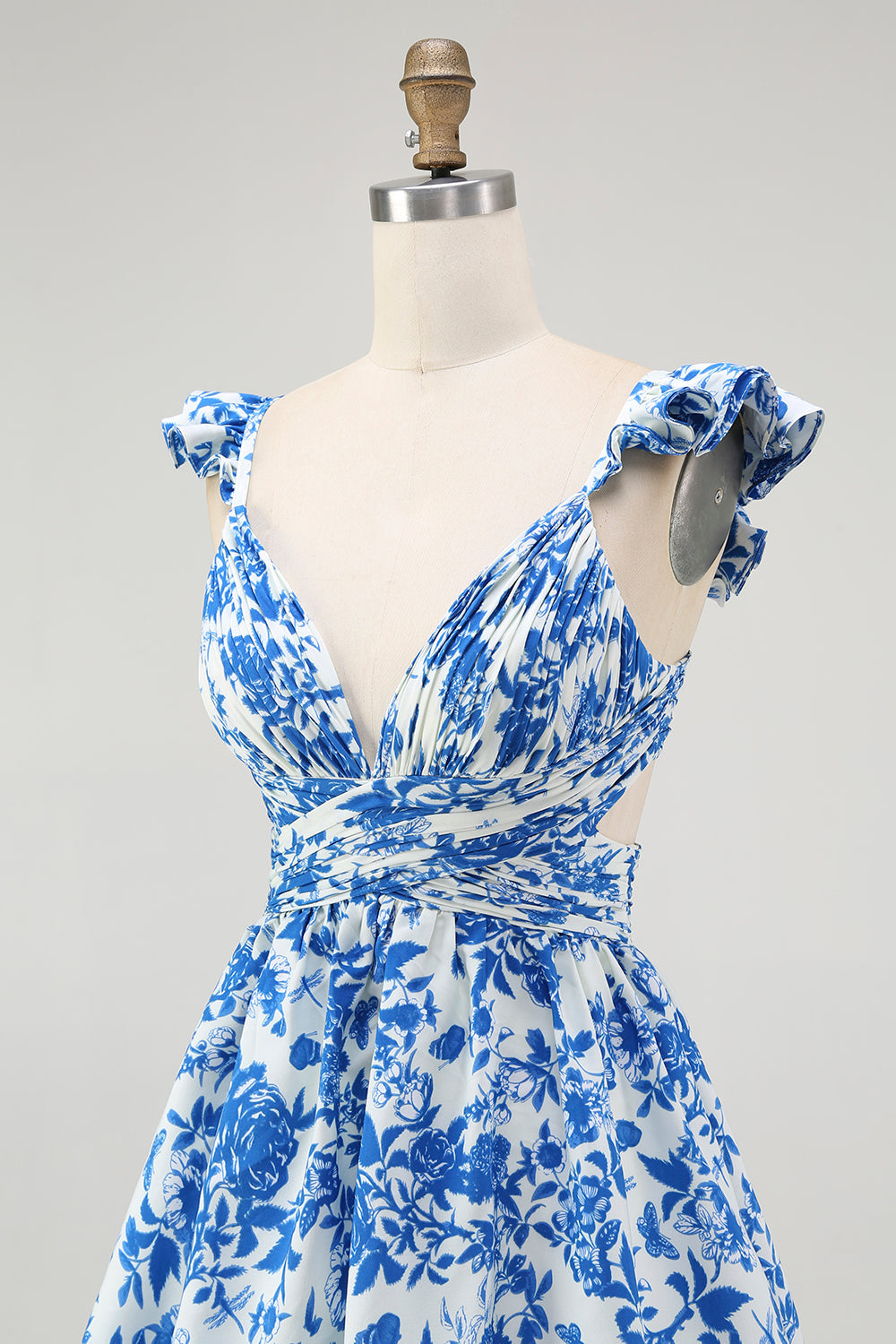 Blue Floral A-Line Deep V Neck Tiered Print Maxi Dress with Ruffles