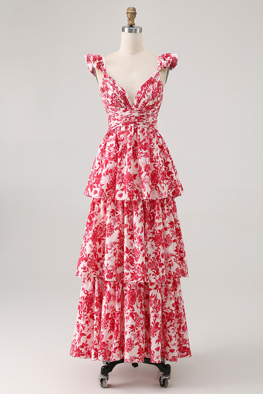 Blue Floral A-Line Deep V Neck Tiered Print Maxi Dress with Ruffles
