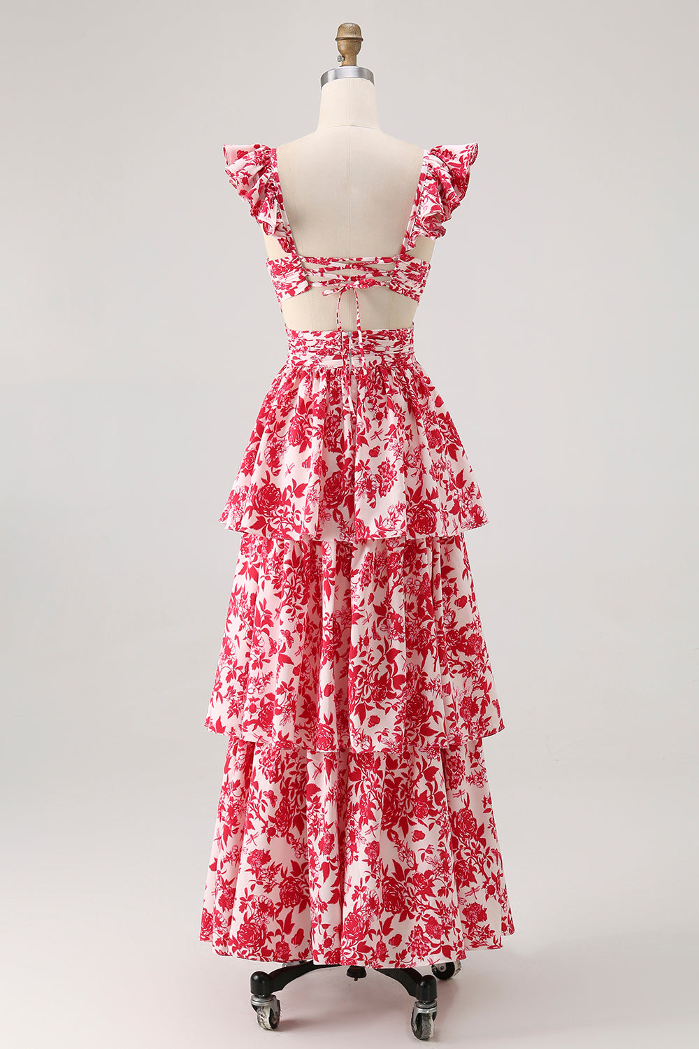 Blue Floral A-Line Deep V Neck Tiered Print Maxi Dress with Ruffles