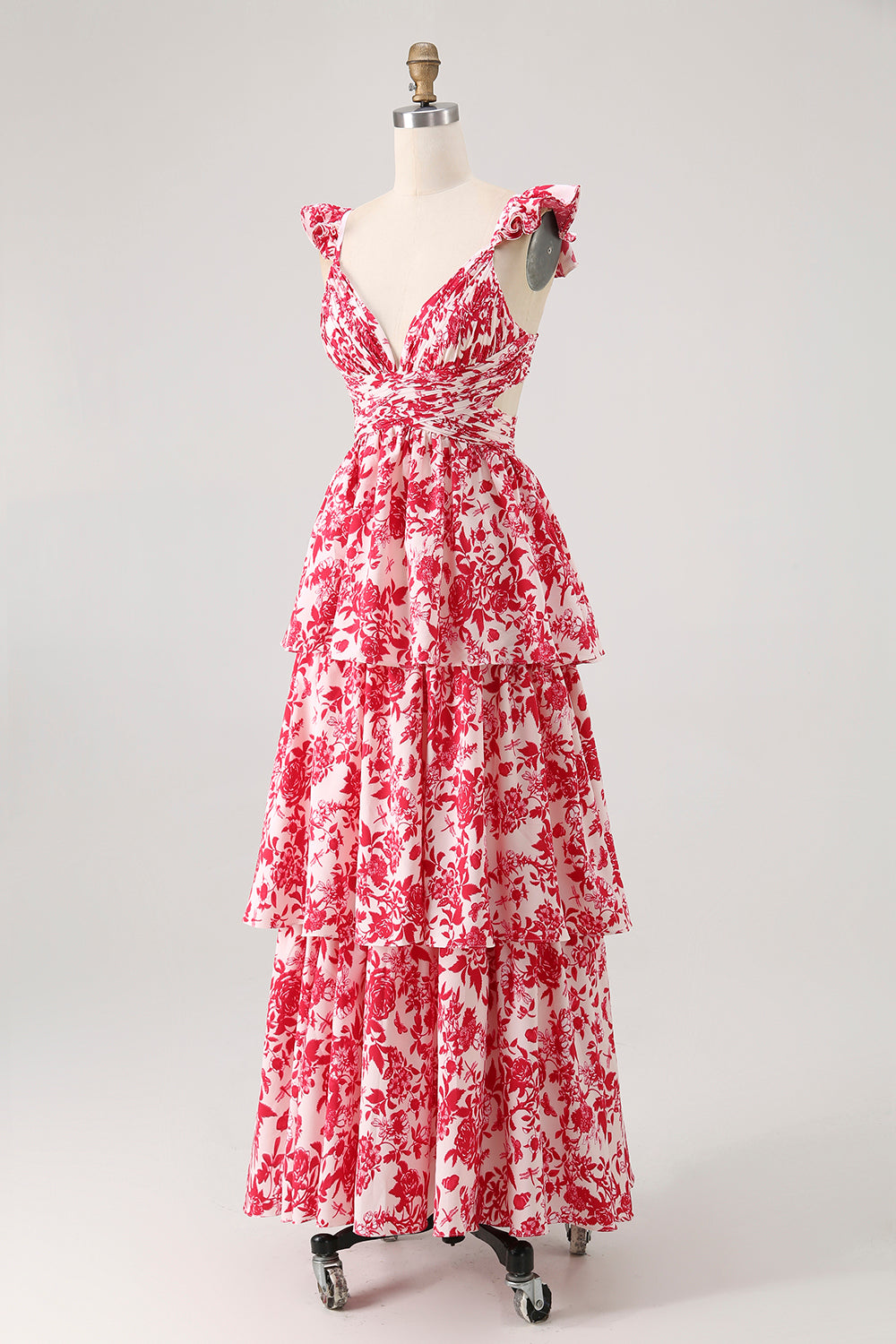 Blue Floral A-Line Deep V Neck Tiered Print Maxi Dress with Ruffles