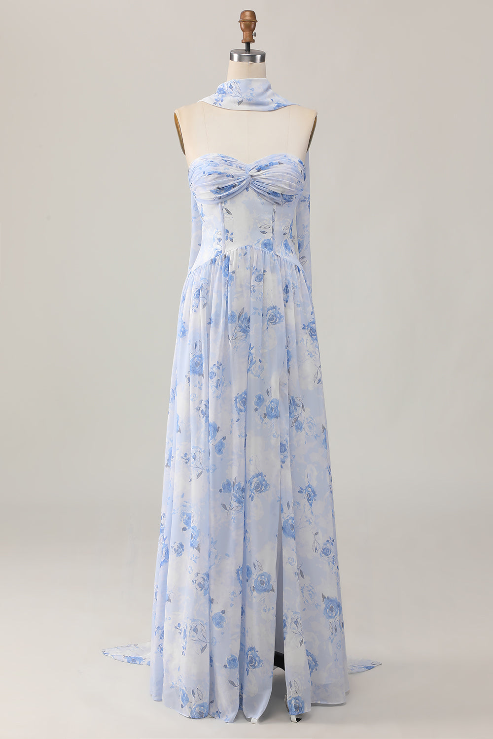 Blue Flower A-Line Strapless Printed Maxi Dress with Slit