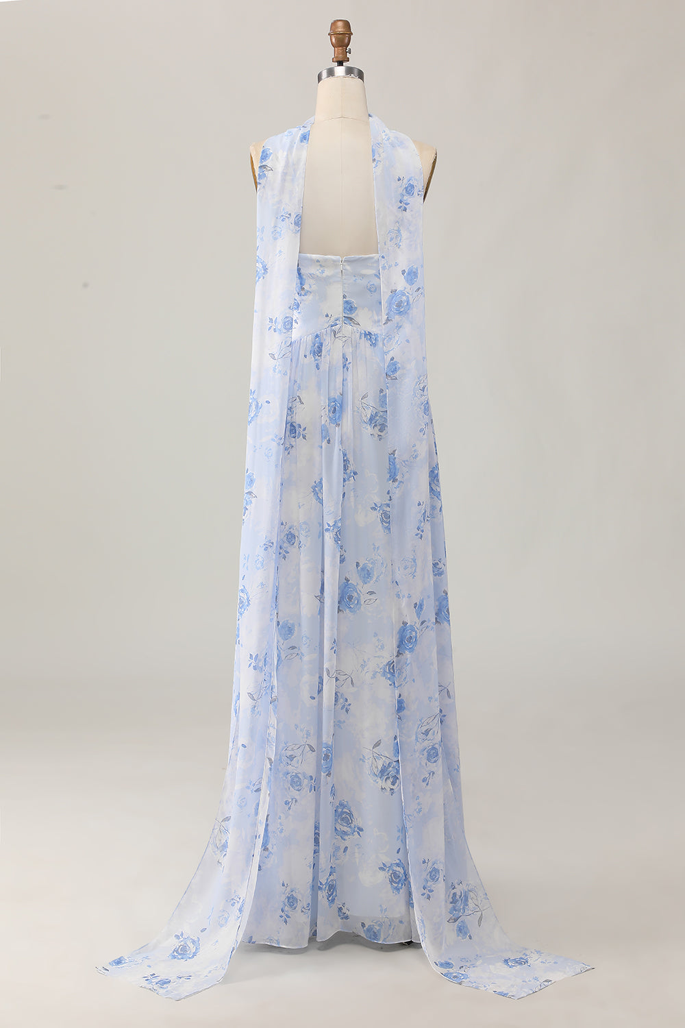 Blue Flower A-Line Strapless Printed Maxi Dress with Slit