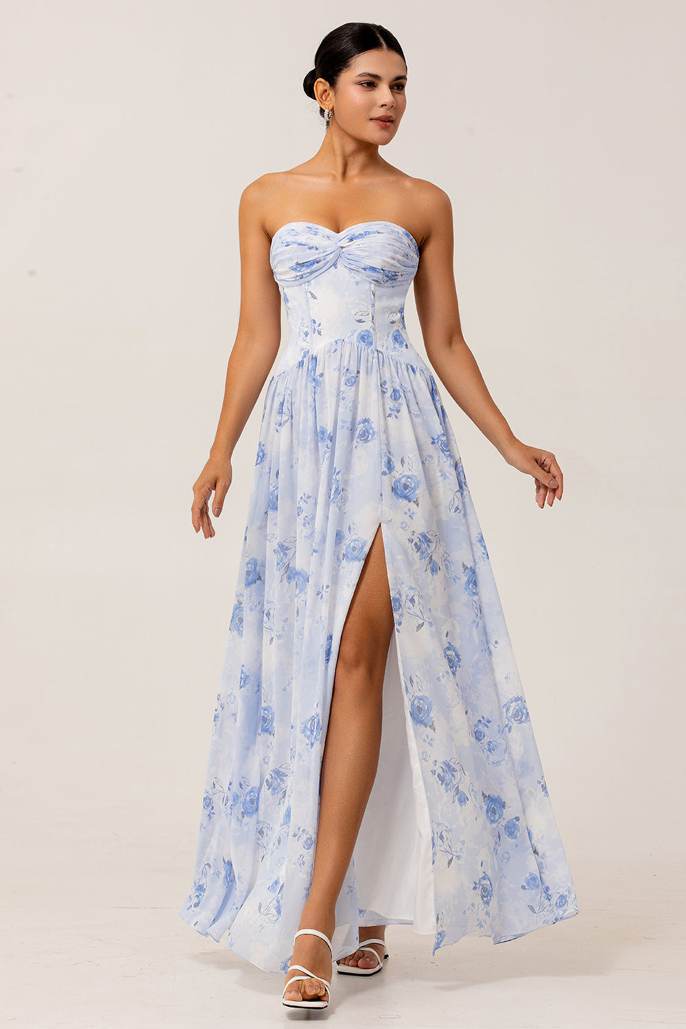 Blue Flower A-Line Strapless Printed Maxi Dress with Slit