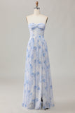 Blue Flower A-Line Strapless Printed Maxi Dress with Slit