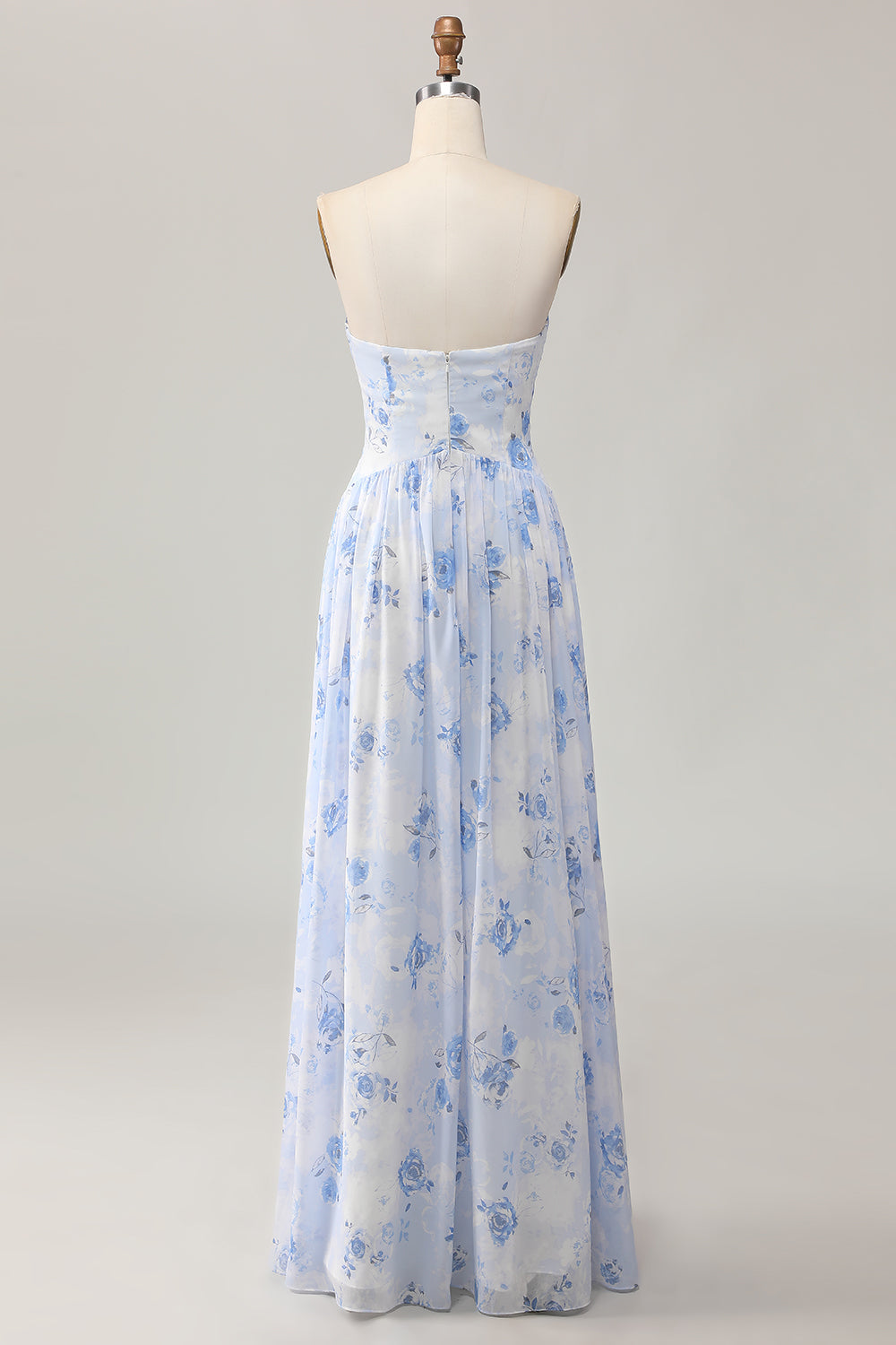 Blue Flower A-Line Strapless Printed Maxi Dress with Slit