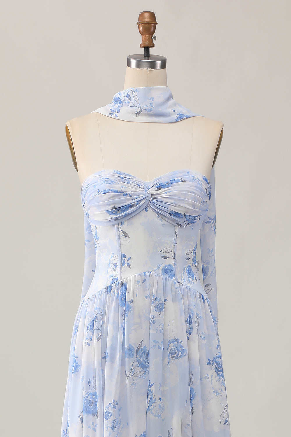 Blue Flower A-Line Strapless Printed Maxi Dress with Slit
