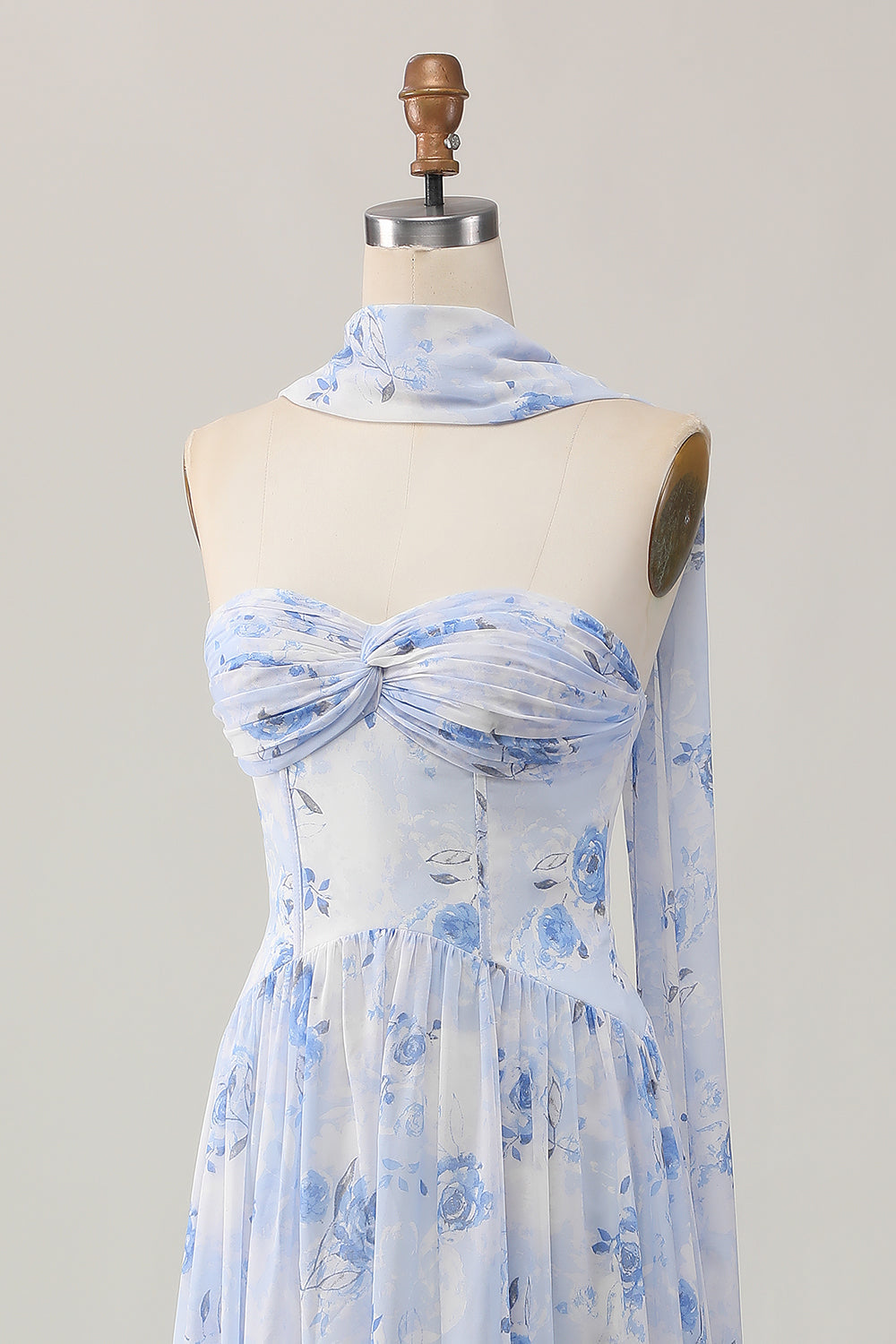 Blue Flower A-Line Strapless Printed Maxi Dress with Slit