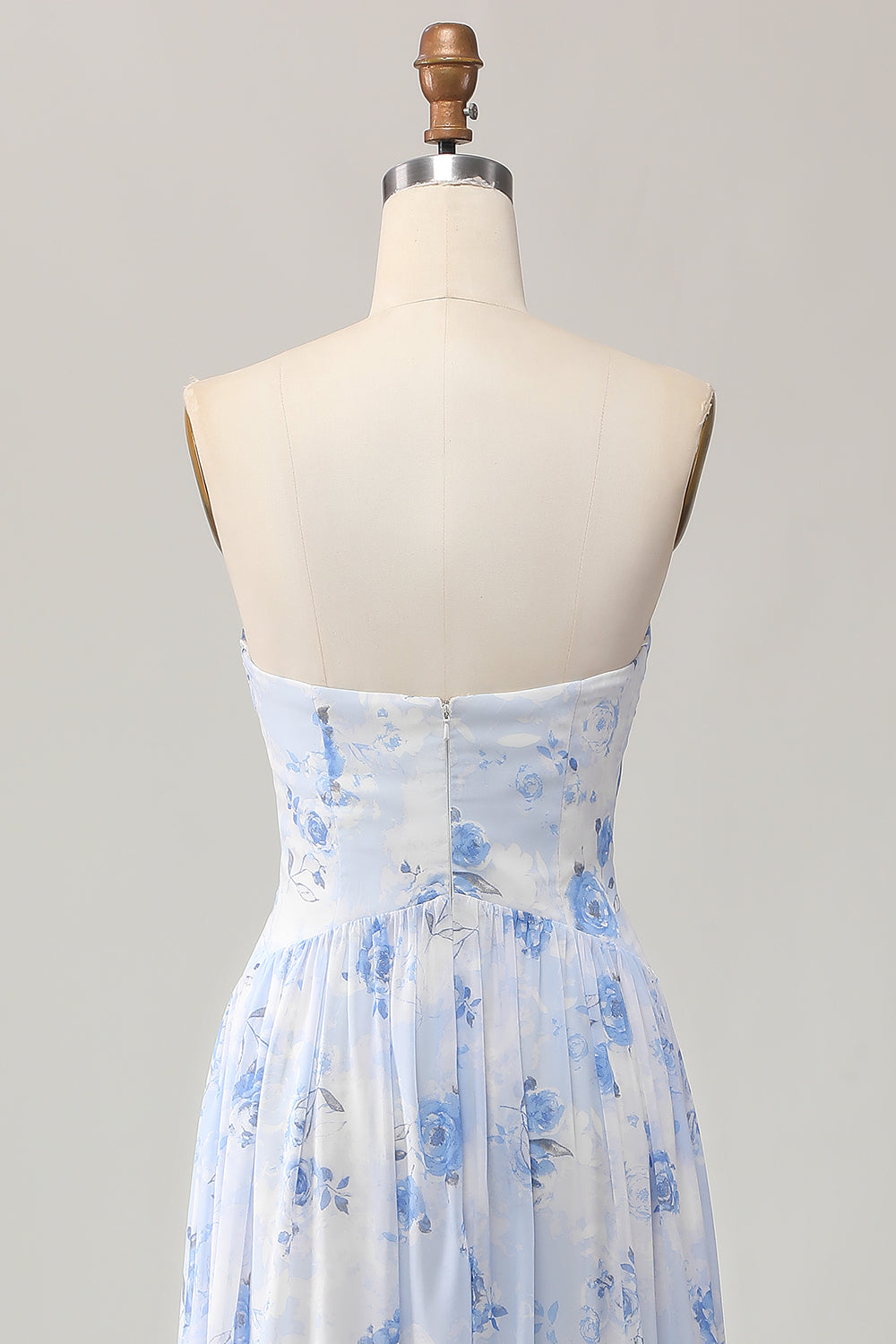 Blue Flower A-Line Strapless Printed Maxi Dress with Slit