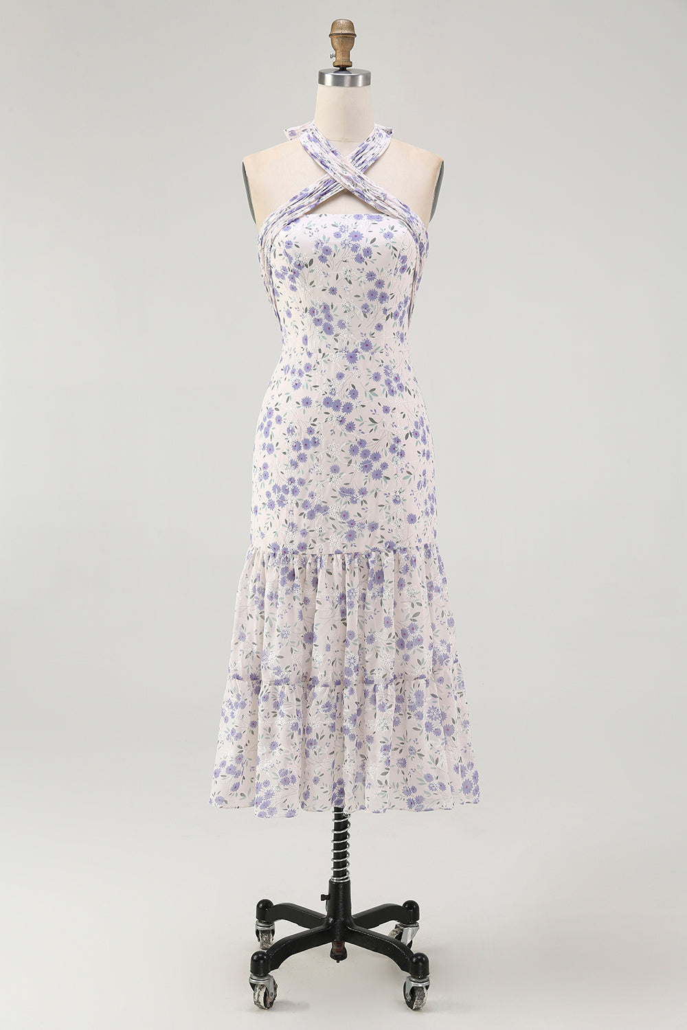 Blue Floral Halter Neck A-Line Tiered Chiffon Midi Bridesmaid Dress