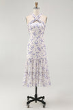 Blue Floral Halter Neck A-Line Tiered Chiffon Midi Bridesmaid Dress
