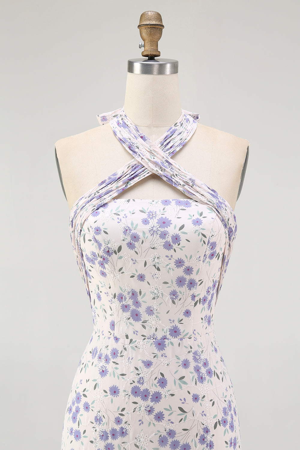 Blue Floral Halter Neck A-Line Tiered Chiffon Midi Bridesmaid Dress