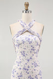 Blue Floral Halter Neck A-Line Tiered Chiffon Midi Bridesmaid Dress