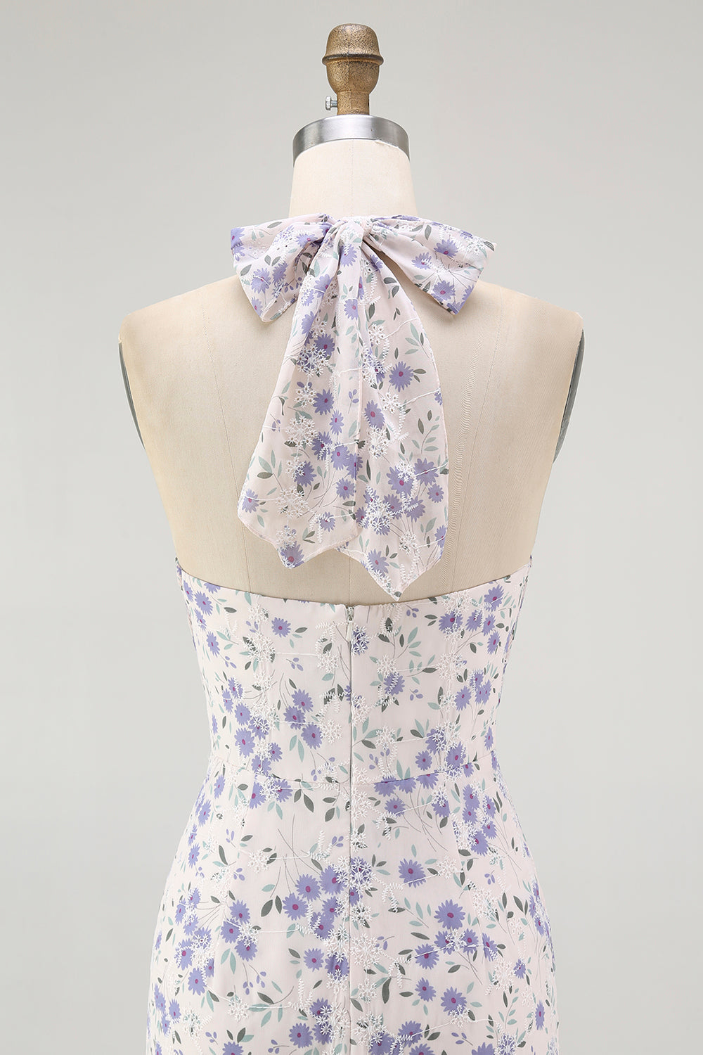 Blue Floral Halter Neck A-Line Tiered Chiffon Midi Bridesmaid Dress
